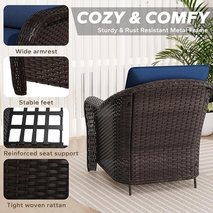 5 PCS Outdoor Conversation Set | 78" Couch, 4 Chairs, Patio Wicker Conversation Furniture with Removable Cushions for Bistro, Deck, Sunroom (Navy Blue)