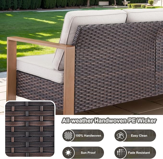 Belord 5 Piece Outdoor Wicker Patio Conversation Furniture Set Deep Seating, Metal Wide Armrests Patio Sofa Set with Rattan Chairs Ottomans for Porch Deck Sunroom Backyard