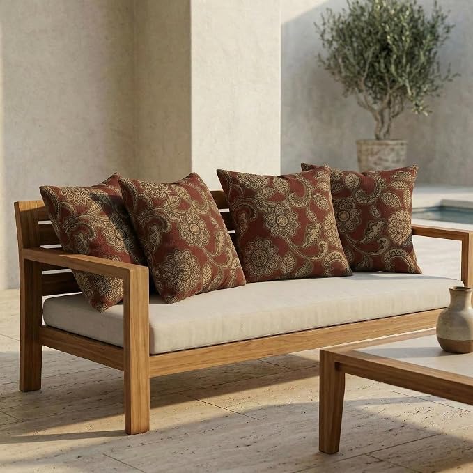 RSH DECOR: Outdura Square Throw Pillows Set of 4 | 20" x 20" | Water and Fade-Resistant Performance Fabric | Outdoor Pillow Covers with Down-Alternative Inserts | Made in USA (Veranda Crimson)