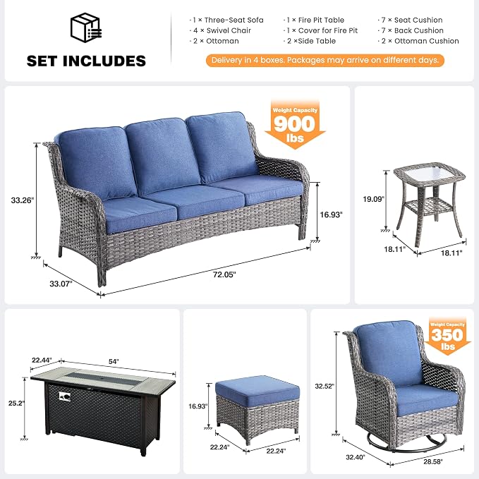 ovios 10-Piece Patio Furniture Set with Swivel Chairs Side Table, Outdoor Wicker Sofa with 54" Fire Pit Table, High Back Couch Modern Conversation Sets, Grey/Denim Blue