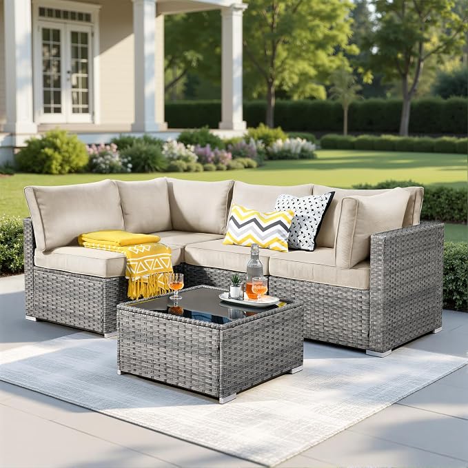 Weaxty 5 Pieces Patio Furniture Sets,Wicker Outdoor Sectional Sofa with Thicken Cushion and Rattan Coffee Table,Patio Conversation Couch Set for Porch, Balcony,Yard, Poolside,Beige