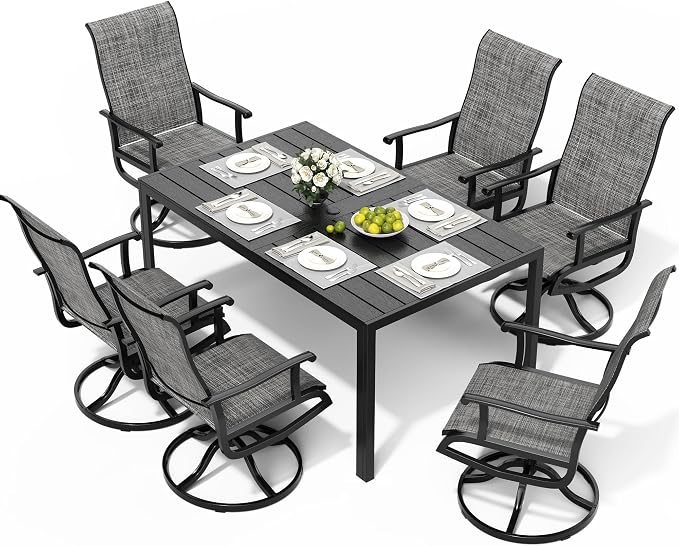 Pamapic 7-Piece Outdoor Dining Set, All Weather Patio Table and Chairs Set with Umbrella Hole, Wood-Like Table and 6 360° Swivel Textilene Chairs for Backyard, Poolside, Deck, Porch, Grey