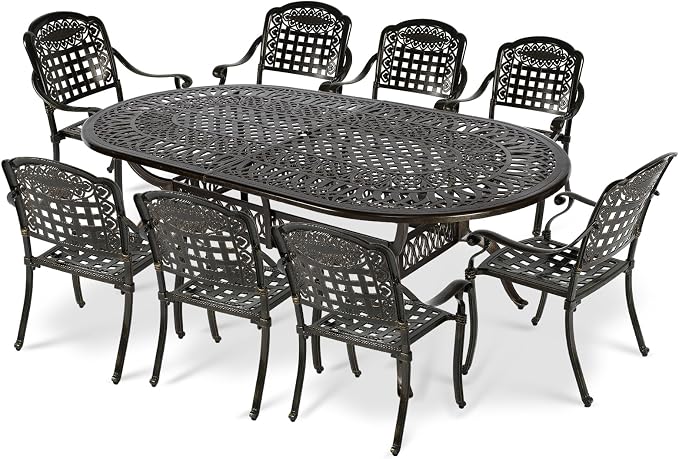 VIVIJASON 9-Piece Outdoor Patio Furniture Dining Set, All-Weather Cast Aluminum Conversation Set, Include 8 Chairs and an Oval Table with Umbrella Hole for Balcony Lawn Garden Backyard