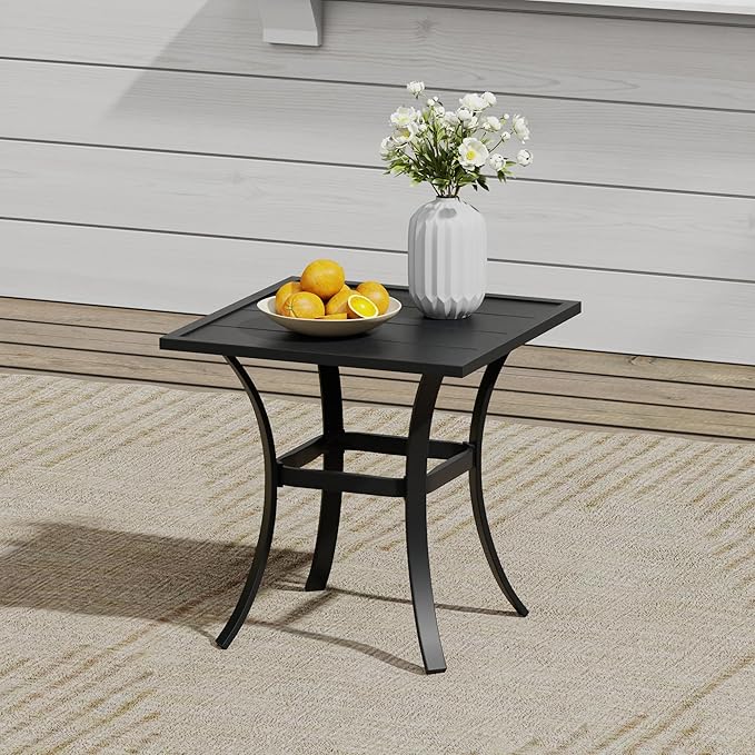 VICLLAX Outdoor Set for 2, Small Patio Table and Chairs Set of Stackable Patio Sling Chairs and Square Dining Table for Front Porch, Brown Fabric and Black Table