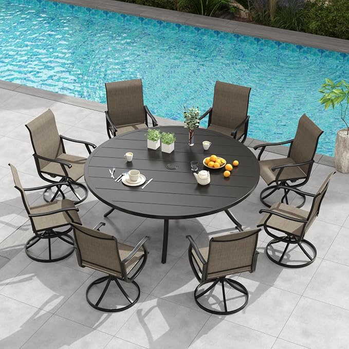 VICLLAX 9 Pieces Outdoor Patio Dining Set, 60" Round Wrought Iron Metal Outdoor Table with Umbrella Hole and 8 Swivel Textilene Chairs for Lawn,Garden,Porch,Black/Brown