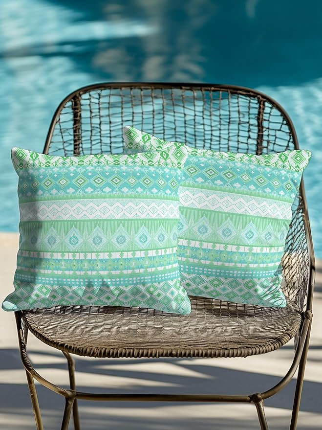 Waterproof Outdoor Pillow Set of 2 Teal Green Bohemian Decorative Throw Pillows Cover & Insert 16x16 Inch Pillowcase Boho Style Floral Leaves Geometric Pillows for Couch Sofa Bed Patio Furniture