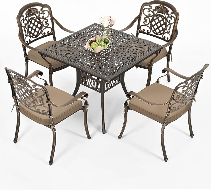 Pamapic 5-Piece Patio Table and Chair Set, Cast Aluminum Dining Set with Vintage Table Top, Outdoor Furniture Set with 4 Outdoor Stackable Chairs for Patio, Garden, Poolside (with 4 Cushion,Bronze)