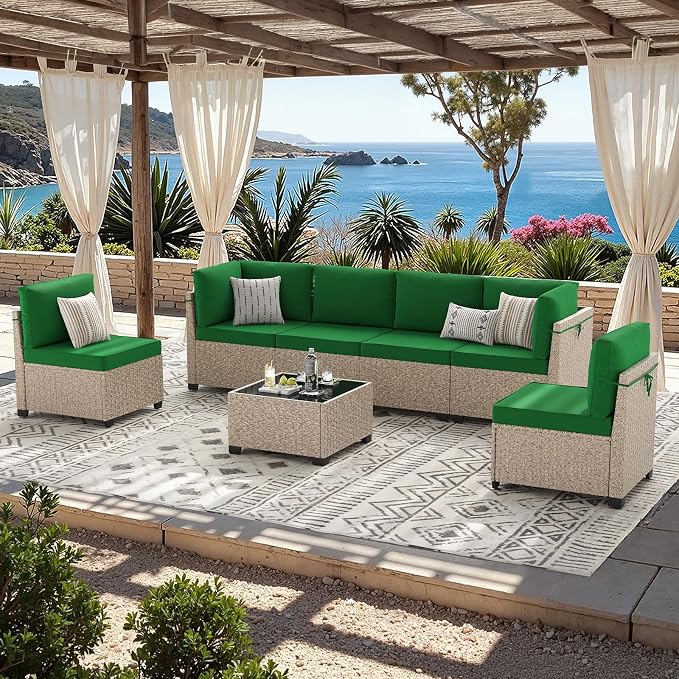 Soohow 7-Piece Patio Furniture Set, Outdoor Sectional All-Weather Wicker Patio Conversation Set for Garden, Porch, Backyard - Green Cushions