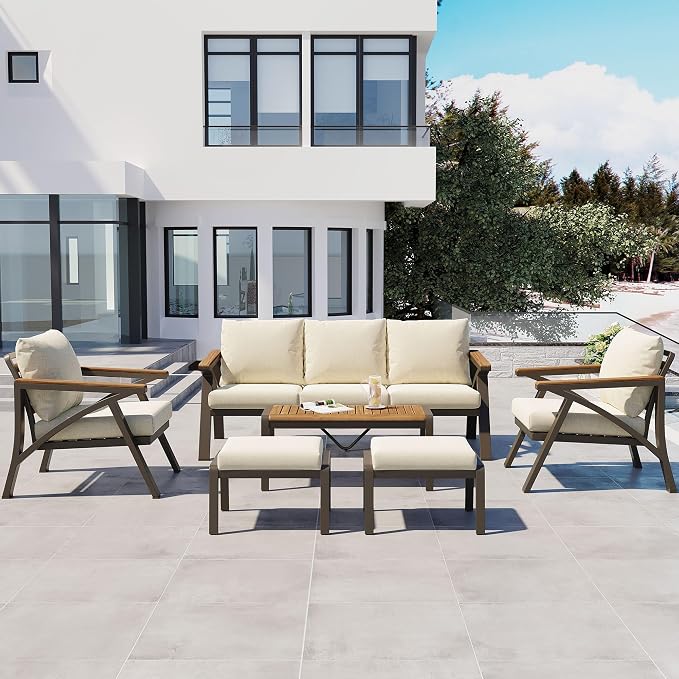 KLMM 6-Piece Outdoor Patio Furniture Set,Steel Frame Sofa Set with 3-Seat Couch, 2 Armchairs, 2 Ottomans & Acacia Wood Coffee Table,for Backyard, Garden, Poolside (Brown,Cream Beige-BC)