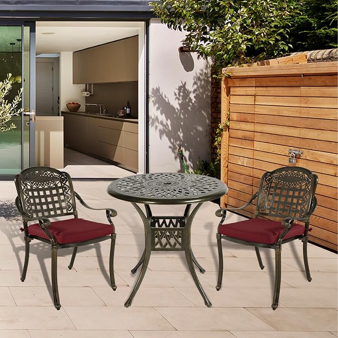 MEETWARM 3 Piece Patio Bistro Set, Outdoor All-Weather Cast Aluminum Dining Furniture Set Includes 2 Chairs with Cushions and a 31” Round Table with Umbrella Hole for Garden Deck, Chili Red