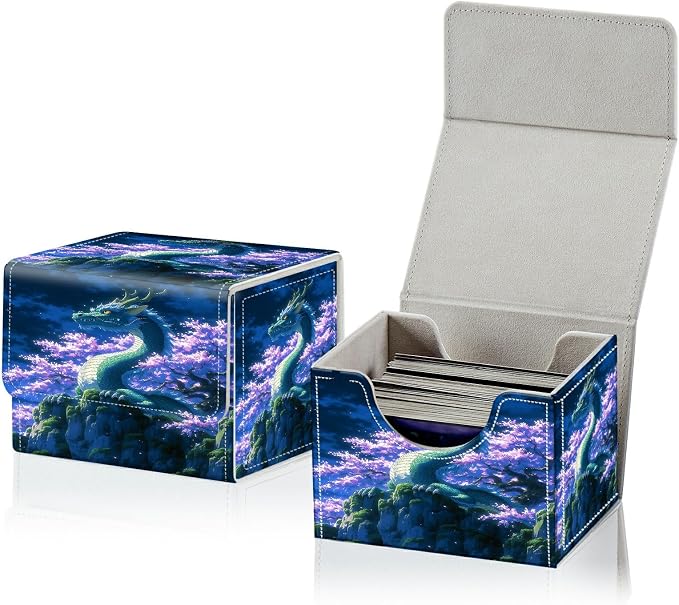 Card Deck Box for MTG, Cards Storage Box Fits 120+ Sleeved, Leather Small Size Strong Magnetic Closing Card Case for Board Games Magic TCG CCG Baseball Collection, Purple Tree Dragon