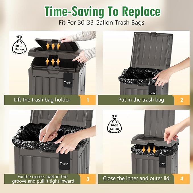 Outdoor Trash Can, 30 Gallon Garbage Can with Tiered Lid and Drip Tray, Waterproof Resin Waste Bin for Patio, Garden, Backyard, Deck, Brown