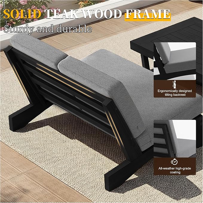 5 Pieces All Weather Black Wood Patio Furniture Sets, 2 Patio Loveseat, 2 Patio Bistro Chair, Outdoor Sectional Sofa Furniture Backyard Conversation Set with Coffee Table - Gray