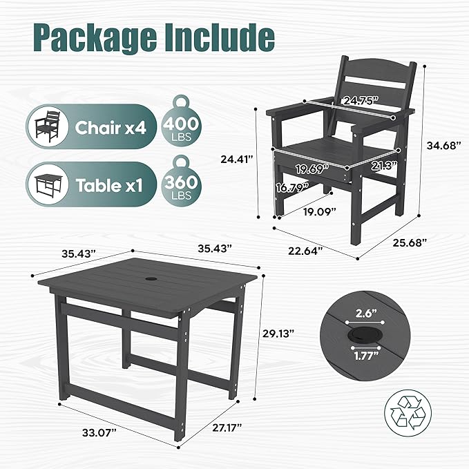 3 Piece Patio Dining Set,Patio Furniture Set for 2,Outdoor Table and Chairs with Umbrella Hole,All-Weather 36” Square Dining Table with Non-Slip Mat for Garden,Poolside,Backyard,Black