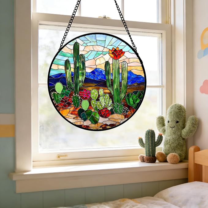 DASTOLL Stained Glass Window Hanging, Green Cactus Suncatcher for Doors Window Home Plant Landscape Sun Catchers Decoration Mother's Day Birthday Gifts for Women, Men, and Mom 11.8 in