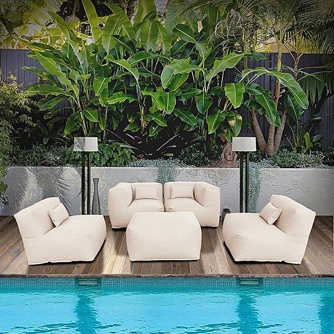 ANNYH Modern Calaluna 5Pc OUTDOOR Furniture Sectional Conversation Set- COMBINATION of 2Middle 2Corner 1Ottoman/Coffee-Expansion Foam Filling chairs-A UNIQUE Modular Contemporary Sofa (Light Beige)