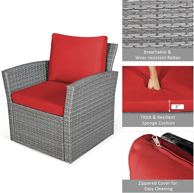COSTWAY 4 Pieces Patio Rattan Furniture Set, Outdoor Wicker Sofa Set with Tempered Glass Coffee Table, Cushions, All Weather Rattan Conversation Set for Yard Balcony Backyard Pool (Red)