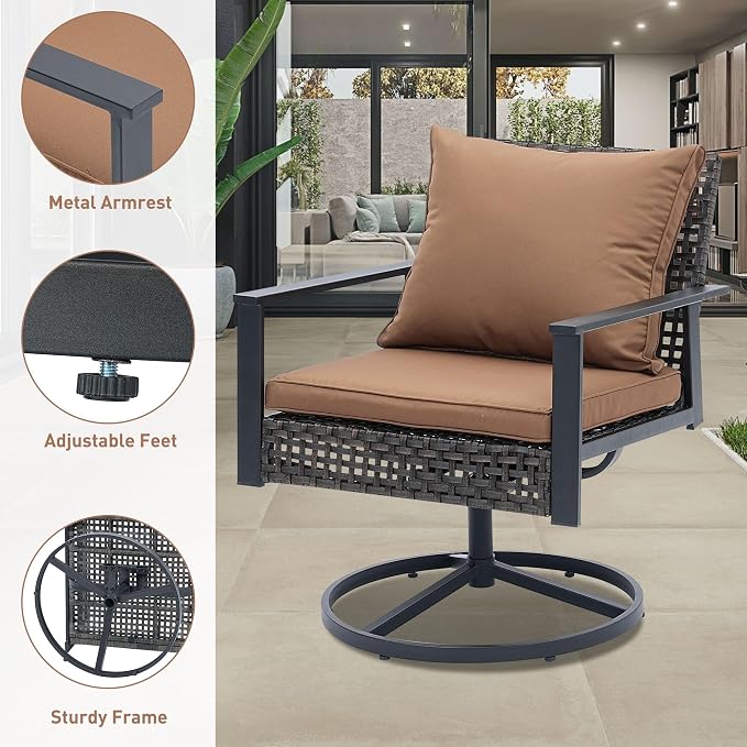 Ainfox 3 Pieces Patio Wicker Chairs Swivel Rocker, Outdoor Swivel Rocker Patio Chairs with Rattan Side Table, Patio Furniture Set for Patio Balcony Pool, Brown