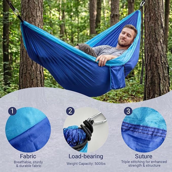 Camping Hammocks, Portable Lightweight Parachute with Tree Straps, Single or Double Hammock Without Stand, Nylon Camping Gear for Outdoor Beach Backpacking Hiking, Camping Essentials(Blue)
