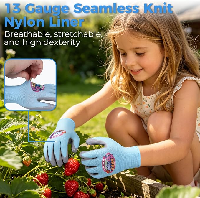 HANDLANDY 2 Pairs Kids Gardening Gloves, Grippy Kids Work Gloves, M | Foam Nitrile Coated Children Toddler Garden Yard Work Cycling Outdoor Playing Gloves for Girls Boys