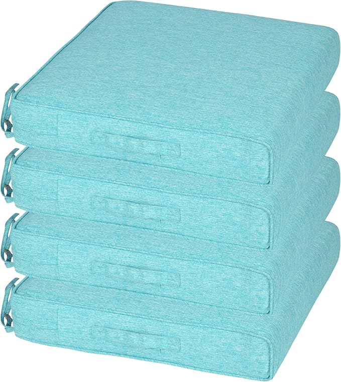 Aoodor Patio Chair Cushions Set of 4, 23 x 26 x 4 Inch Water Resistant Outdoor Seat Cushions with Handle and Ties, Square Corner Cushions for Patio Furniture Garden Lawn, Teal