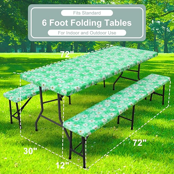 misaya Picnic Table Cover with Bench Cover, Waterproof Elastic Fitted Tablecloth for 6 Foot Tables, Rectangle Washable Polyester Tablecloths for Picnic, Camping, Outdoor (Green Daisy, 30" x 72")