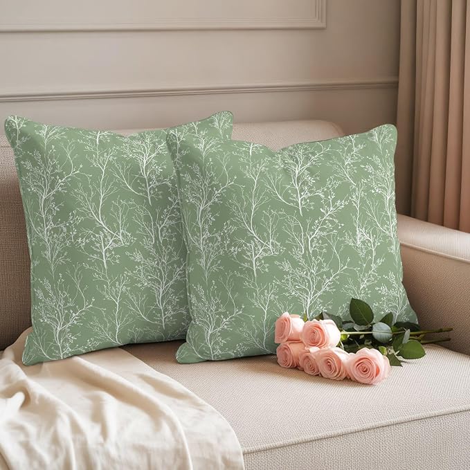 Sage Green Branches Waterproof Outdoor Pillow Covers Set of 2 Home Decor, Abstract Art Leaves Plant Lumbar Pillowcase Patio Pillow Covers for Couch Bench Patio Furniture Garden 20x20in