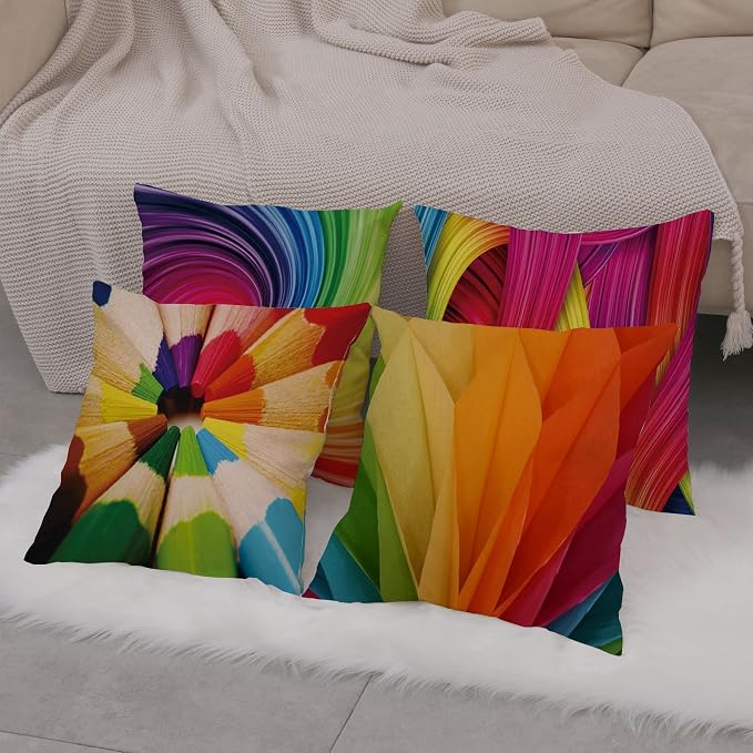 18 x 18 inches Rainbow Colorful Cushion Covers Abstract Crayon Throw Pillow Case Cover Set of 4 (Colorful) for Sofa Car Cousion Bed
