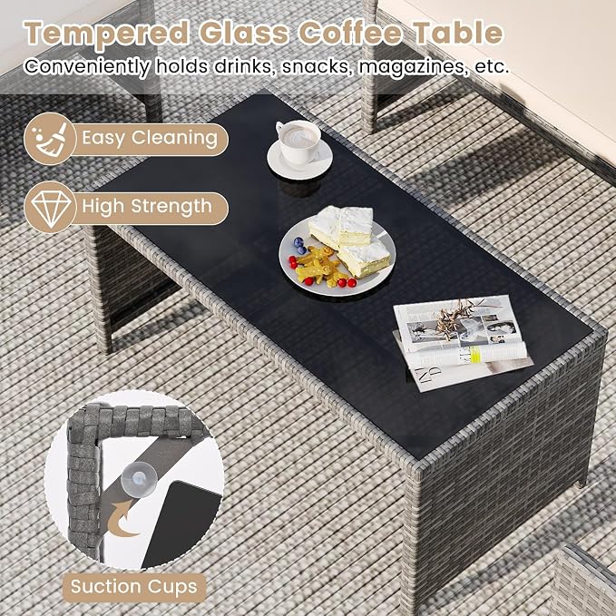 Tangkula 4 Piece Patio Wicker Furniture Set, Outdoor Heavy Duty Rattan Cushioned Chairs, Loveseat and Tempered Glass Coffee Table, for Backyard, Balcony, Poolside