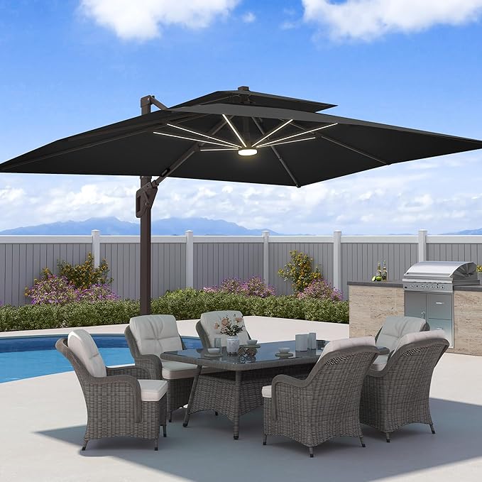 9x12 FT Patio Umbrella with Weighted Base and LED Lights Cantilever Outdoor Large Heavy Duty Rectangle Aluminum Offset Umbrellas Double Top 360 Rotation for Pool Deck Garden, Black