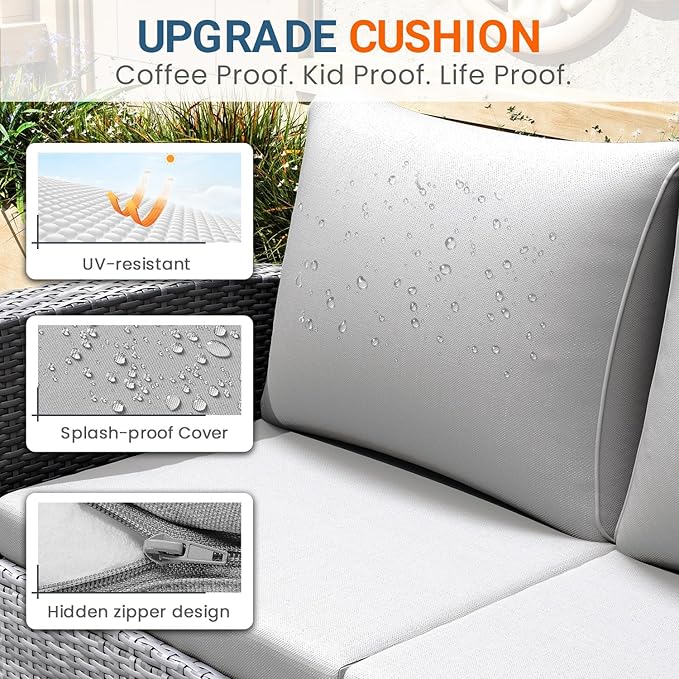 Wisteria Lane Patio Furniture Set, 5 Pieces Wicker Outdoor Furniture for All Weather, Patio Sofa with High Backrest Support and Wide Armrest for Backyard, Balcony, Deck, Porch, Ash Gray