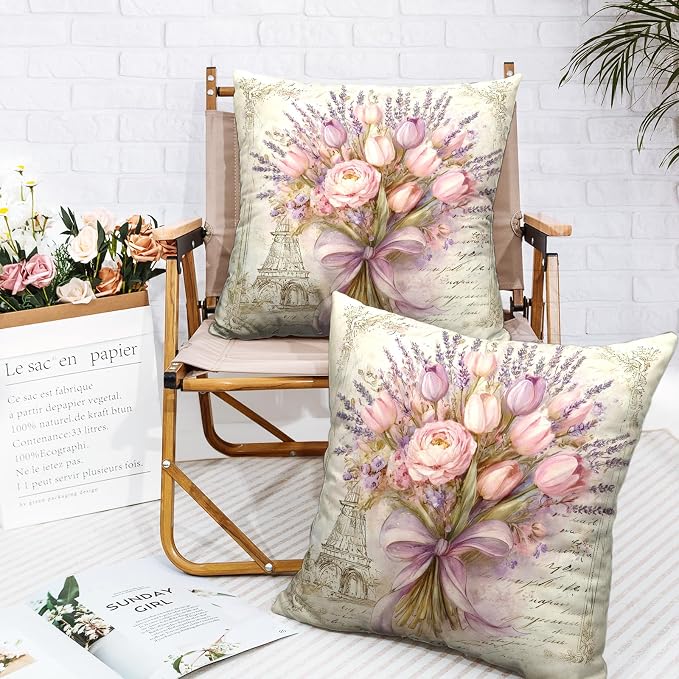 Spring Summer Tulip Pillow Covers Shabby Chic Pink Purple Flower Pillow Cases Lavender Floral Throw Pillow Covers 24x24 Rustic Farmhouse Cushion Case for Bedroom Living Room 2 Pack