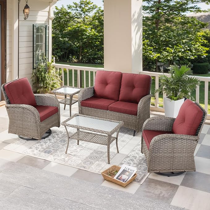 5 Pieces Patio Furniture Set-Outdoor Rocking Chairs Set of 2 Outdoor Glider Bench with Wicker Outdoor Coffee Table for Deck Lawn Porch Balcony Poolside-Grey/Red