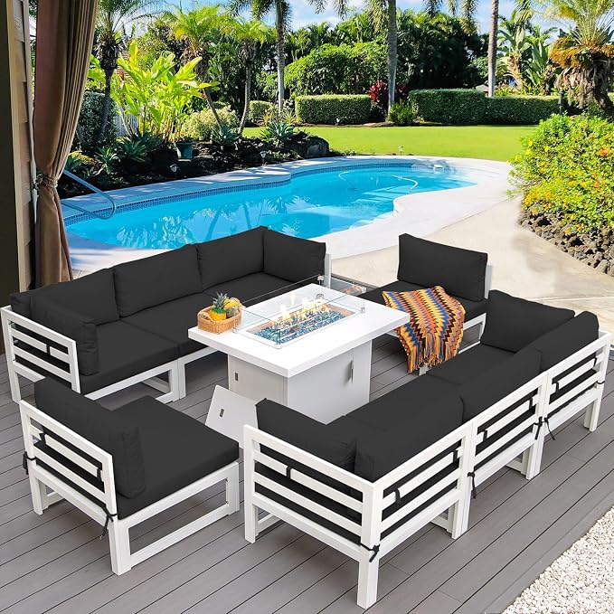 RADIATA 9 Pcs Large Modern Aluminum Outdoor Sofa with Rectangular Fire Pit Table, 29" Deep Wide Seat, 500 lbs Durable Sectional Set for Heavy People, All-Weather Patio Furniture Set for Terrace, Black