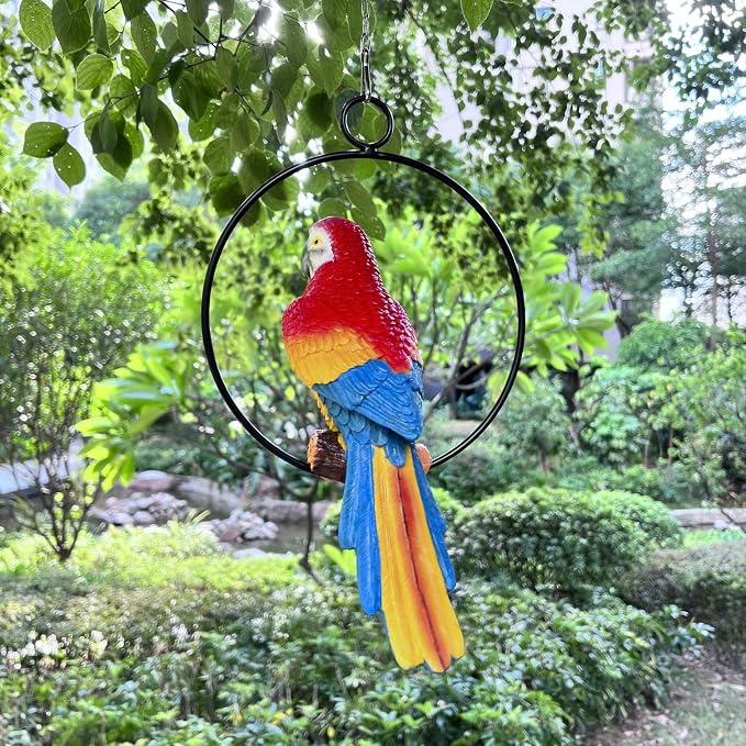 Lifelike Parrot Garden Statues Hanging Decor Ornaments Figurines Sculpture for Patio Lawn Yard, Blue Tail