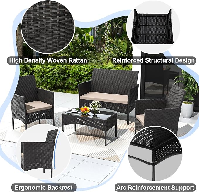 Gotland 8 Pieces Patio Furniture Set, Wicker Outdoor Furniture with 4 Chairs 2 Loveseats 2 Glass Coffee Tables, Weather-Resistant Patio Set, Conversation Set for Backyard Pool Porch Khaki
