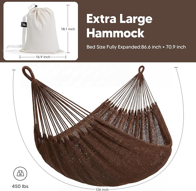 SUNCREAT Hammocks Backyard Rope Hammock, Heavy Duty Large Hammock for Outside, Brown