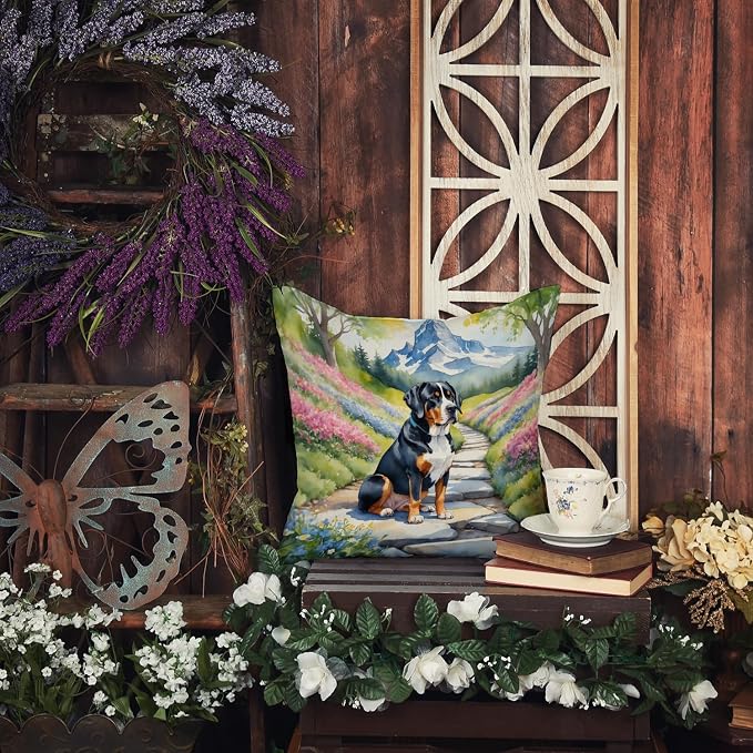 Caroline's Treasures Greater Swiss Mountain Dog Spring Path Throw Pillow Machine Washable, Indoor Outdoor Decorative Pillow for Couch, Bed or Patio, 18Hx18W