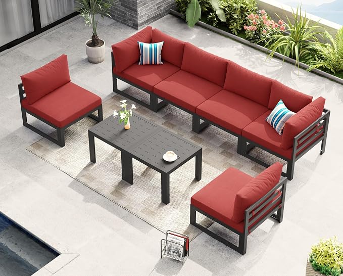 NICESOUL 8 Piece Oversized Modern Aluminum Patio Furniture Set, All Weather Rust Proof Modular Sectional Sofa with Side Table, 500 lbs Heavy Duty Comfortable Outdoor Couch for Backyard Deck, Burgundy