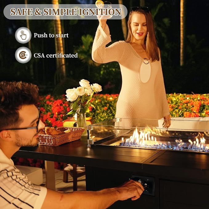 PIZZELLO 7 Pieces Patio Furniture Set w/ 60" Gas Fire Pit Table and 6 HDPE Patio Dining Chairs, Outdoor Conversation Set 50,000 BTU Aluminum Propane Fire Pit Patio Chairs Set of 6 for Backyard