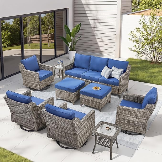 Wicker Patio Furniture Set-9 Pieces All-Weather Wicker Outdoor Furniture with Swivel Patio Chairs Outdoor Patio Conversation Sets for Garden Porch Deck Grey/Blue