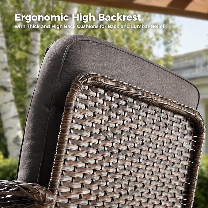 Luxury Patio Furniture Set with 6-inch Thick Cushions, Outdoor Furniture Set with High Back Swivel Chairs, 7 PCS Wicker Outdoor Conversation Set for Porch, Patio, Yard, Deck, Poolside, Brown/Grey