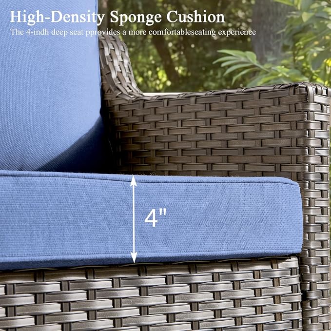 Luxury Patio Furniture sofa Set - 3 Pieces All Weather Wicker Outdoor Couch and High Back Swivel Rocker Patio Chairs with Glass coffee table for Deck Yard and Poolside Gray Wicker | Blue Cushions