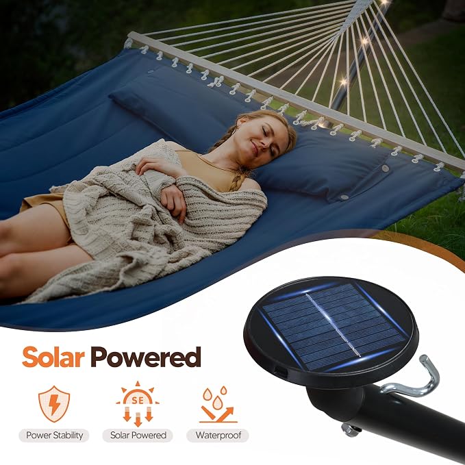 SUNCREAT Patio Hammock with Stand, Solar Powered Lights, Backyard Hammock with Stand for Outside, Navy
