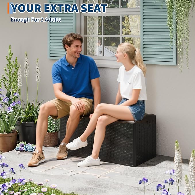100 Gallon Blow Molded Deck Box, No Assembly Required Outdoor Storage Box, Waterproof Patio Storage Bench with Gas Spring Lid,Lockable Large Storage Container for Garden Tools, Pool Supplies, Cushions
