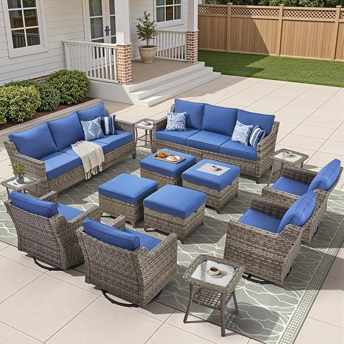 14 Piece Patio Furniture Set-High Back Outdoor Furniture Set Sectional Sofa with Wicker Swivel Patio Chairs,Comfy Cushions Ottomans for Porch Balcony Patio Deck Grey/Blue