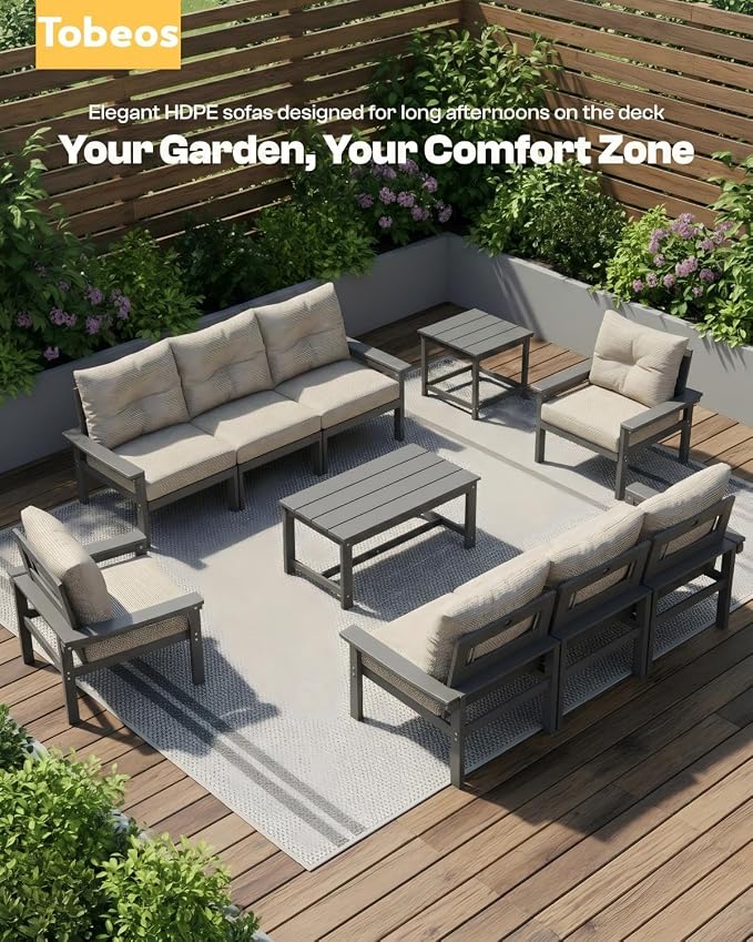 HDPE 7 Piece Patio Furniture Set, All-Weather Outdoor Couch Set with Thick Cushions & Table & Umbrella, Patio Conversation Sets for Lawn, Garden, Porch, Balcony, Deck, Poolside, Grey & Beige