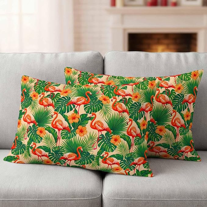 Red Flamingos Outdoor Pillow Covers 20"x12" Set of 2, Jungle Plants Hibiscus Flower Green Leaf Botanical Waterproof Throw Pillow Covers for Patio Furniture, Decorative Cushion Covers for Porch