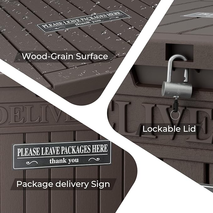 Package Delivery Box for Outside With Sign, Lockable Outdoor Storage Box Waterproof Deck Box, Large Double Wall Resin Parcel Drop Boxes, 48 Gallon, Brown