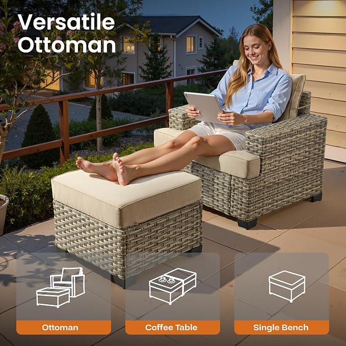 ovios 7 Piece Patio Sectional Furniture, Rattan Wicker Coversation Couch Set, Outdoor Sofa Set for Outside Porch Balcony Backyard Pool,Beige